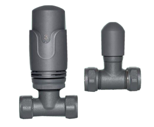 Tower Straight Anthracite Thermostatic Radiator Valves & Lockshield 15mm (pair) TRV4PACKST