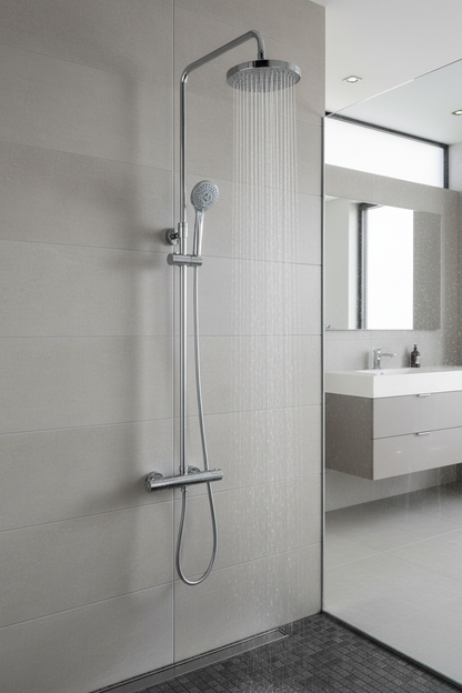 Chrome thermostatic shower system in bathroom setting