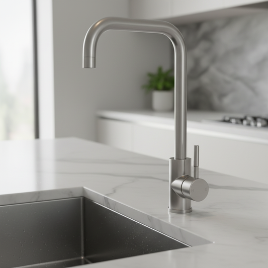 Close-up of brushed steel square kitchen tap in modern kitchen setting