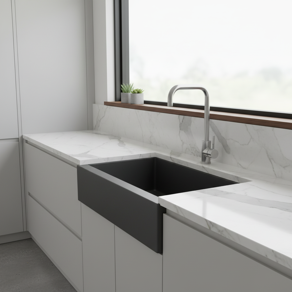 Brushed steel square kitchen tap in modern kitchen setting