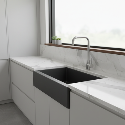 Brushed steel square kitchen tap in modern kitchen setting
