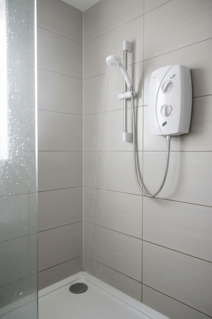 Electric shower unit in bathroom setting