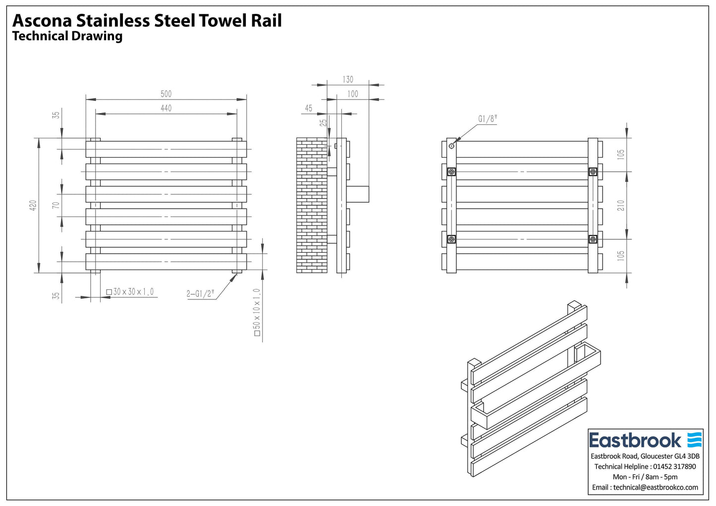 Eastbrook Ascona Polished Stainless Steel Towel Rail 450mm x 500mm Technical Image 41.0254