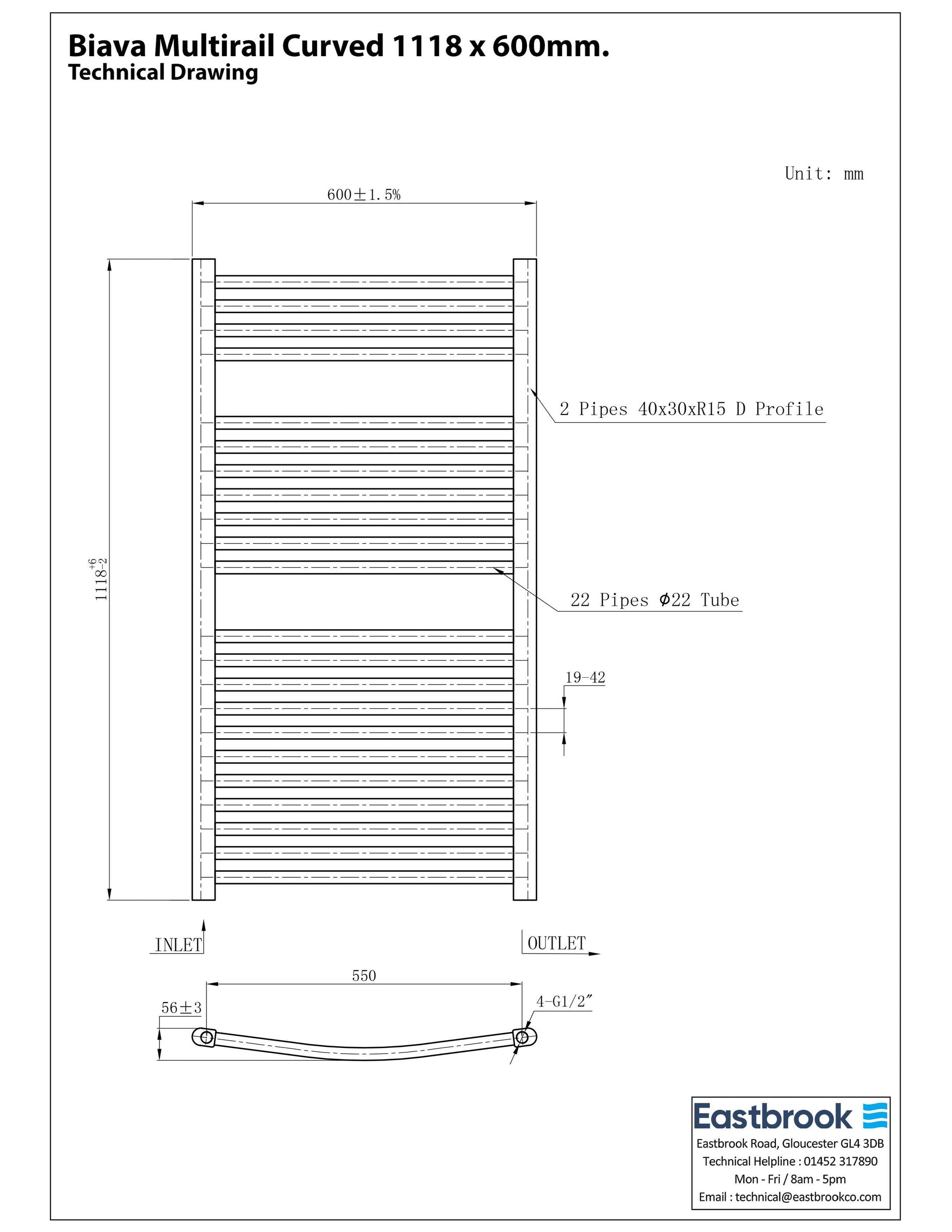 Eastbrook Biava Electric Curved Chrome Towel Rail 1118mm x 600mm Technical Image 41.0293-ELE