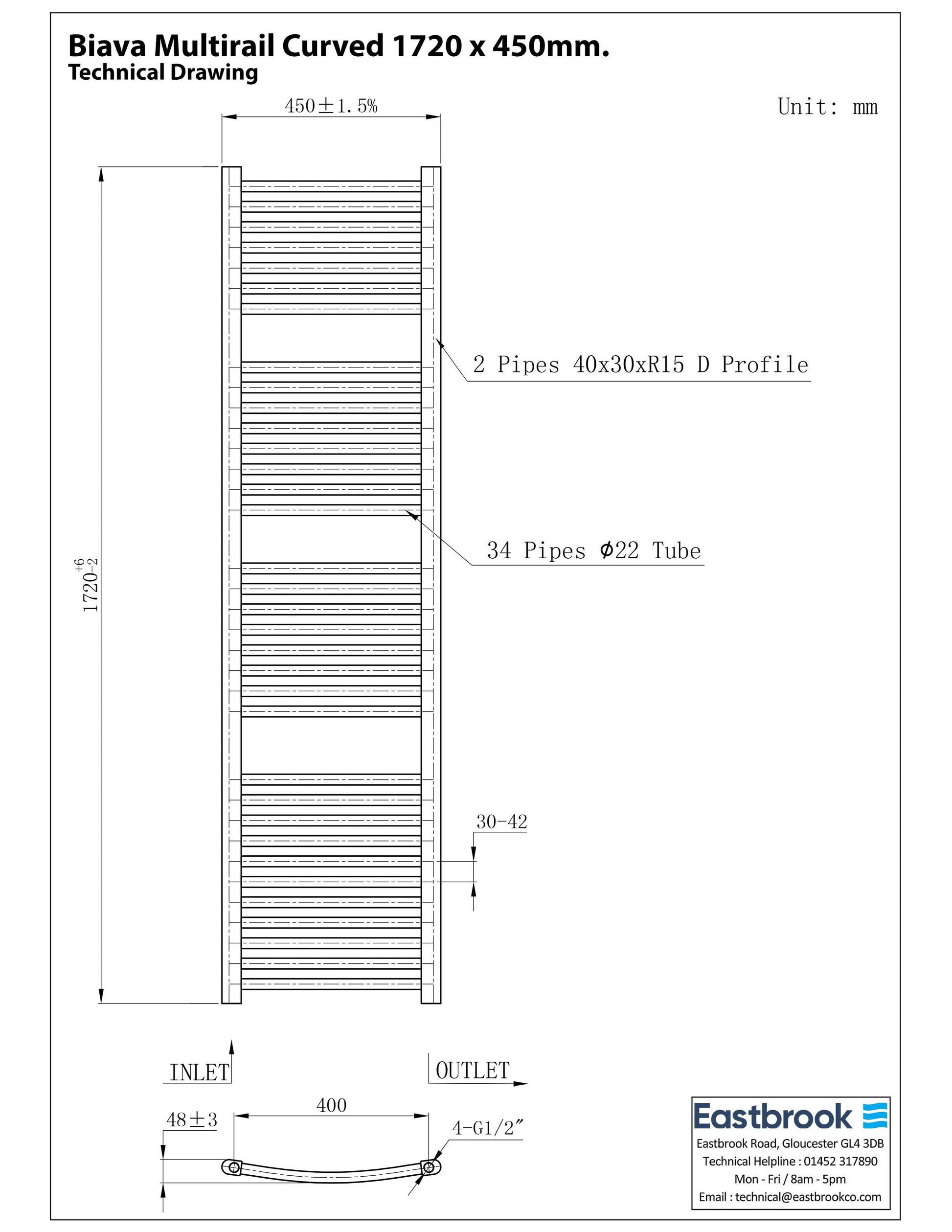 Eastbrook Biava Electric Curved Chrome Towel Rail 1720mm x 450mm Technical Image 41.0295-ELE
