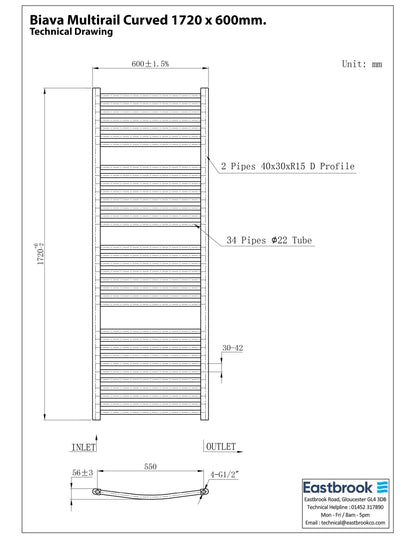 Eastbrook Biava Electric Curved Chrome Towel Rail 1720mm x 600mm Technical Image 41.0296-ELE