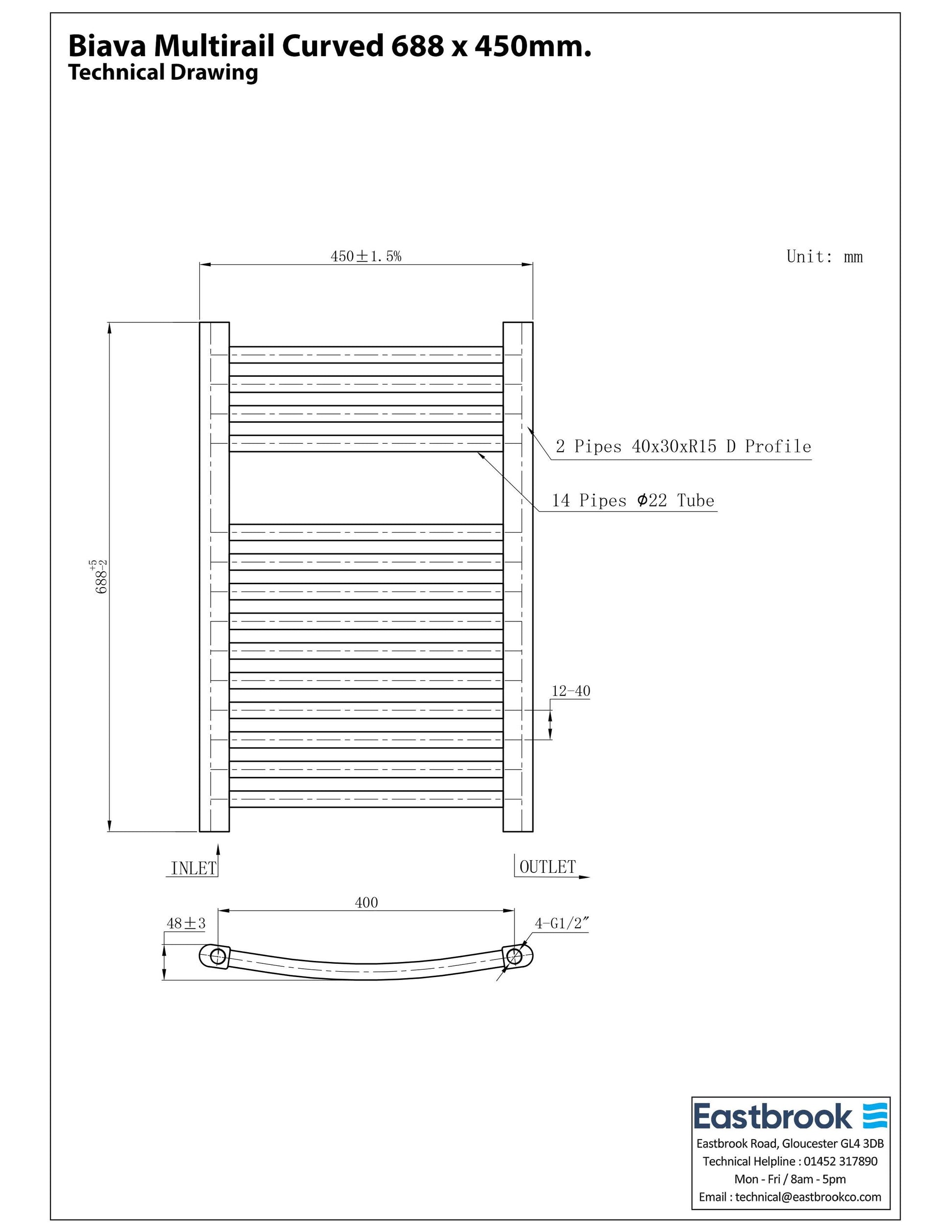 Eastbrook Biava Electric Curved Chrome Towel Rail 688mm x 450mm Technical Image 41.0289-ELE