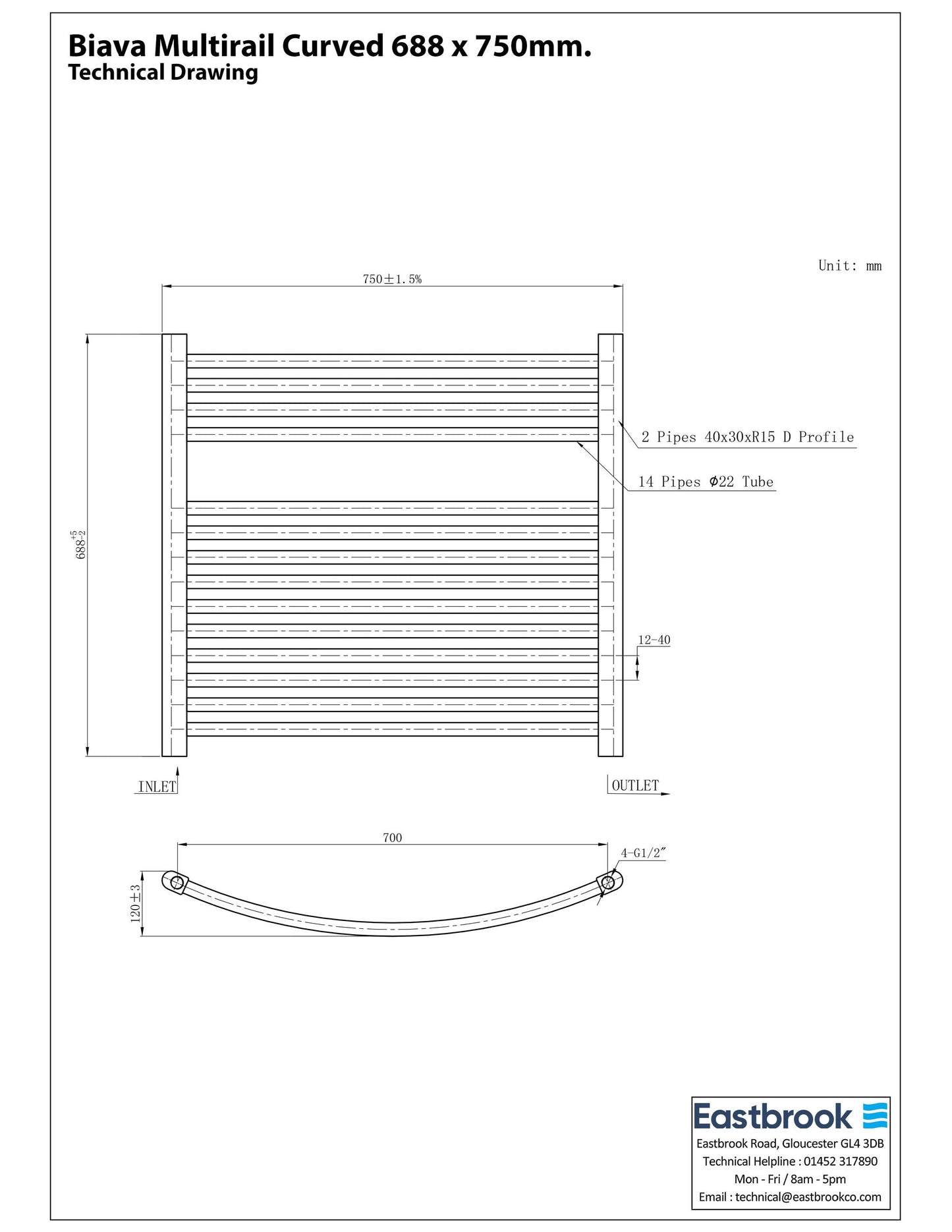 Eastbrook Biava Electric Curved Chrome Towel Rail 688mm x 750mm Technical Image 41.0291-ELE