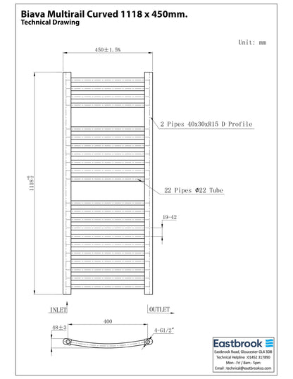 Eastbrook Biava Electric Curved Gloss White Towel Rail 1118mm x 450mm Technical Image 41.0302-ELE