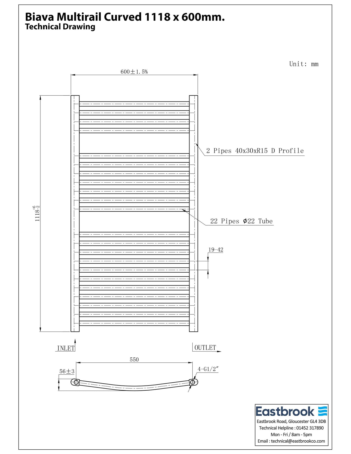 Eastbrook Biava Electric Curved Gloss White Towel Rail 1118mm x 600mm Technical Image 41.0303-ELE