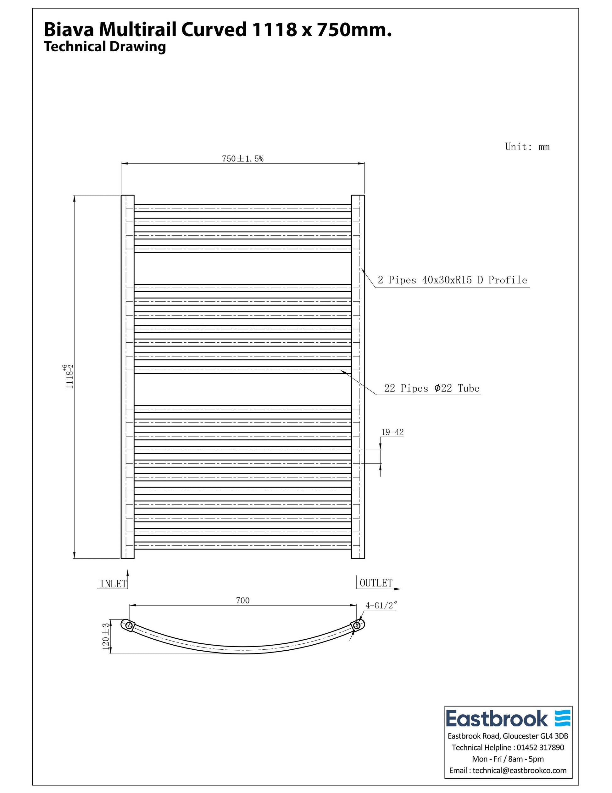 Eastbrook Biava Electric Curved Gloss White Towel Rail 1118mm x 750mm Technical Image 41.0304-ELE