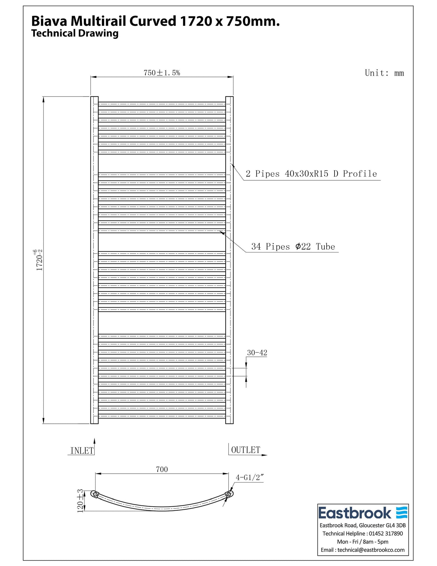 Eastbrook Biava Electric Curved Gloss White Towel Rail 1720mm x 750mm Technical Image 41.0307-ELE