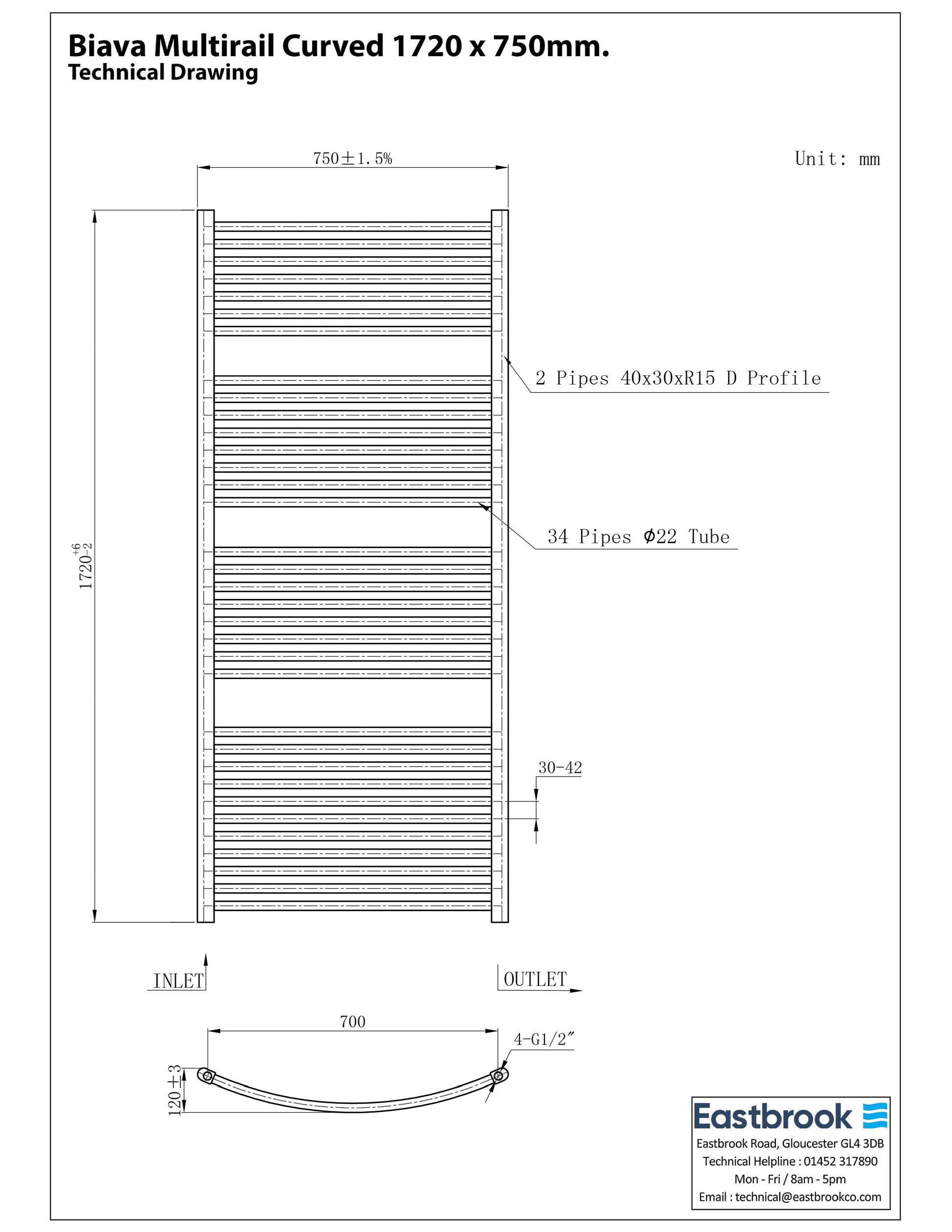 Eastbrook Biava Electric Curved Gloss White Towel Rail 1720mm x 750mm Technical Image 41.0307-ELE