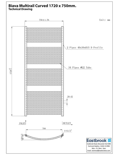 Eastbrook Biava Electric Curved Gloss White Towel Rail 1720mm x 750mm Technical Image 41.0307-ELE