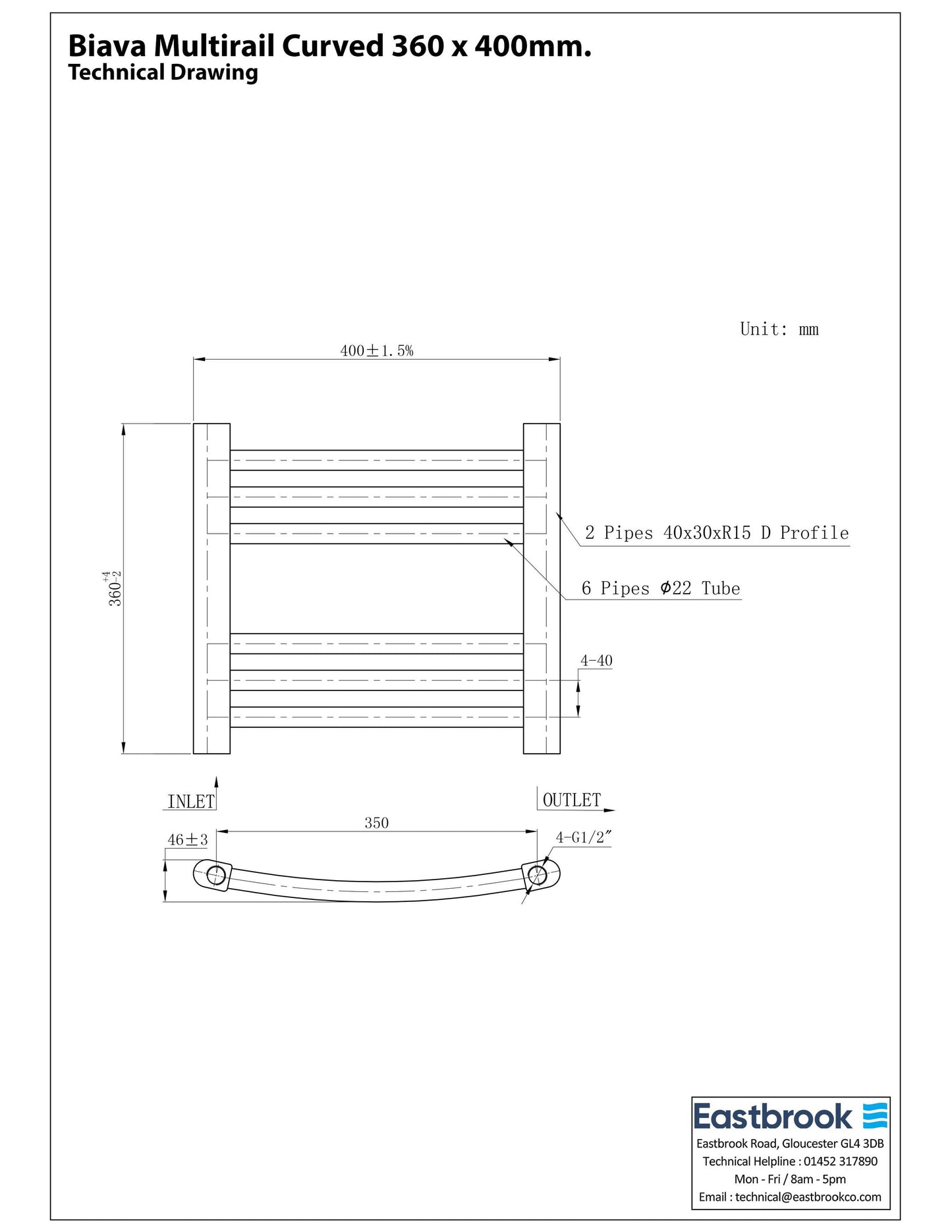 Eastbrook Biava Electric Curved Gloss White Towel Rail 360mm x 400mm Technical Image 41.0298-ELE