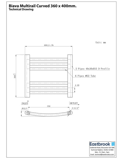 Eastbrook Biava Electric Curved Gloss White Towel Rail 360mm x 400mm Technical Image 41.0298-ELE