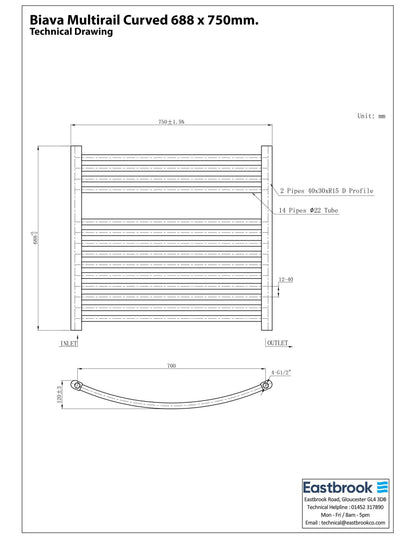 Eastbrook Biava Electric Curved Gloss White Towel Rail 688mm x 750mm Technical Image 41.0301-ELE
