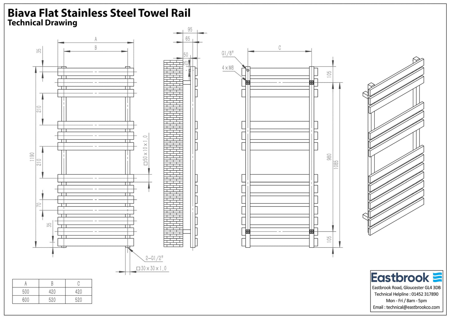 Eastbrook Biava Electric Flat Polished Stainless Steel Towel Rail 1190mm x 500mm Technical Image 41.0252-ELE