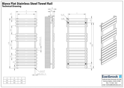 Eastbrook Biava Electric Flat Polished Stainless Steel Towel Rail 1190mm x 500mm Technical Image 41.0252-ELE