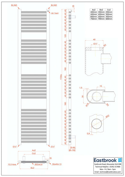 Eastbrook Biava Electric Hidden Vent Straight Gloss White Towel Rail 1720mm x 450mm Technical Image 61.0091-ELE