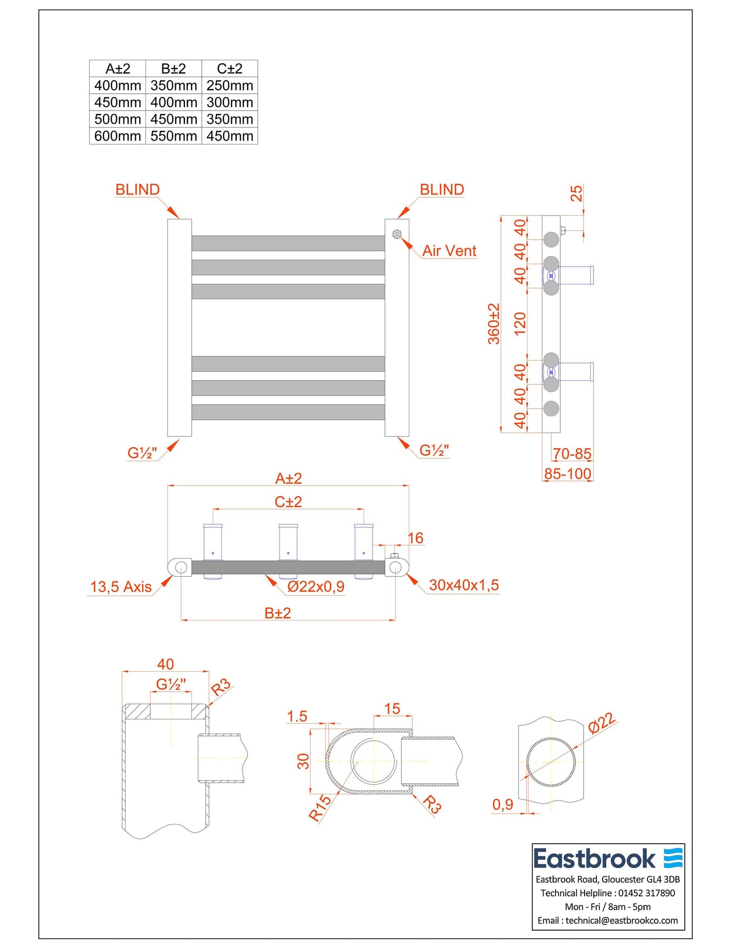 Eastbrook Biava Electric Hidden Vent Straight Matt Black Towel Rail 360mm x 400mm Technical Image 61.0104-ELE