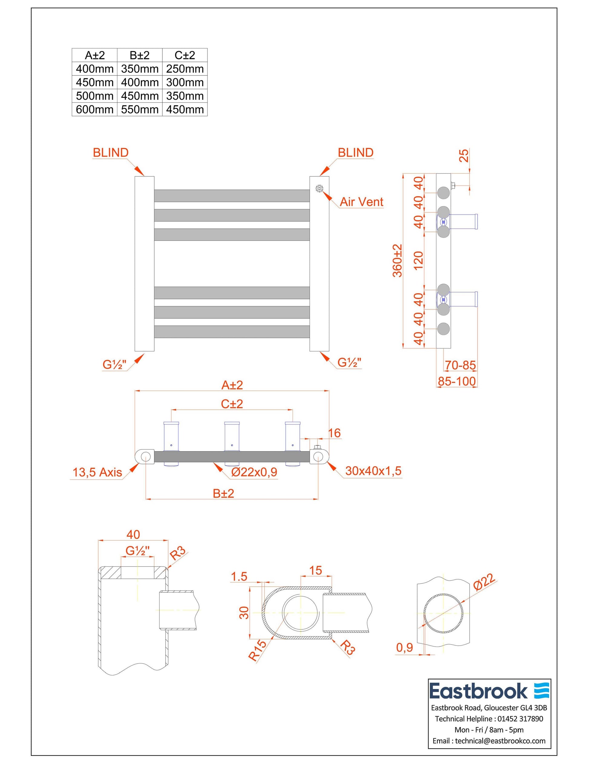 Eastbrook Biava Electric Hidden Vent Straight Matt Black Towel Rail 360mm x 400mm Technical Image 61.0104-ELE