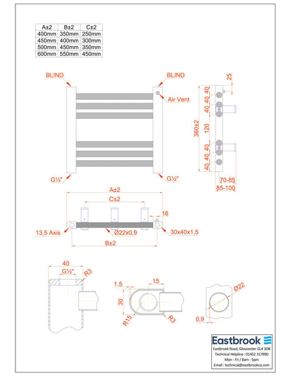 Eastbrook Biava Electric Hidden Vent Straight Matt Black Towel Rail 360mm x 400mm Technical Image 61.0104-ELE