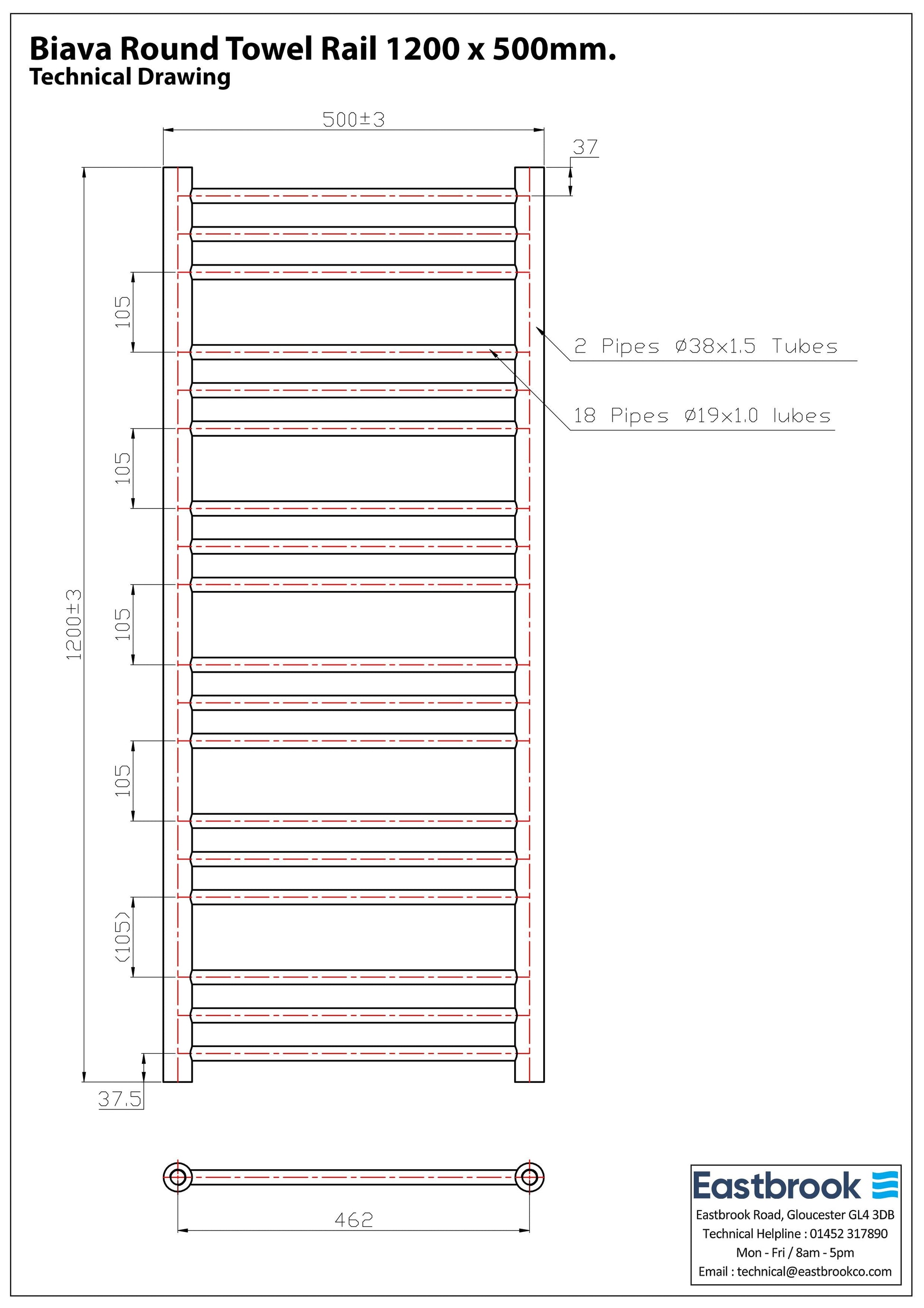 Eastbrook Biava Electric Round Straight Chrome Towel Rail 1200mm x 500mm Techncial Image 41.0149-ELE