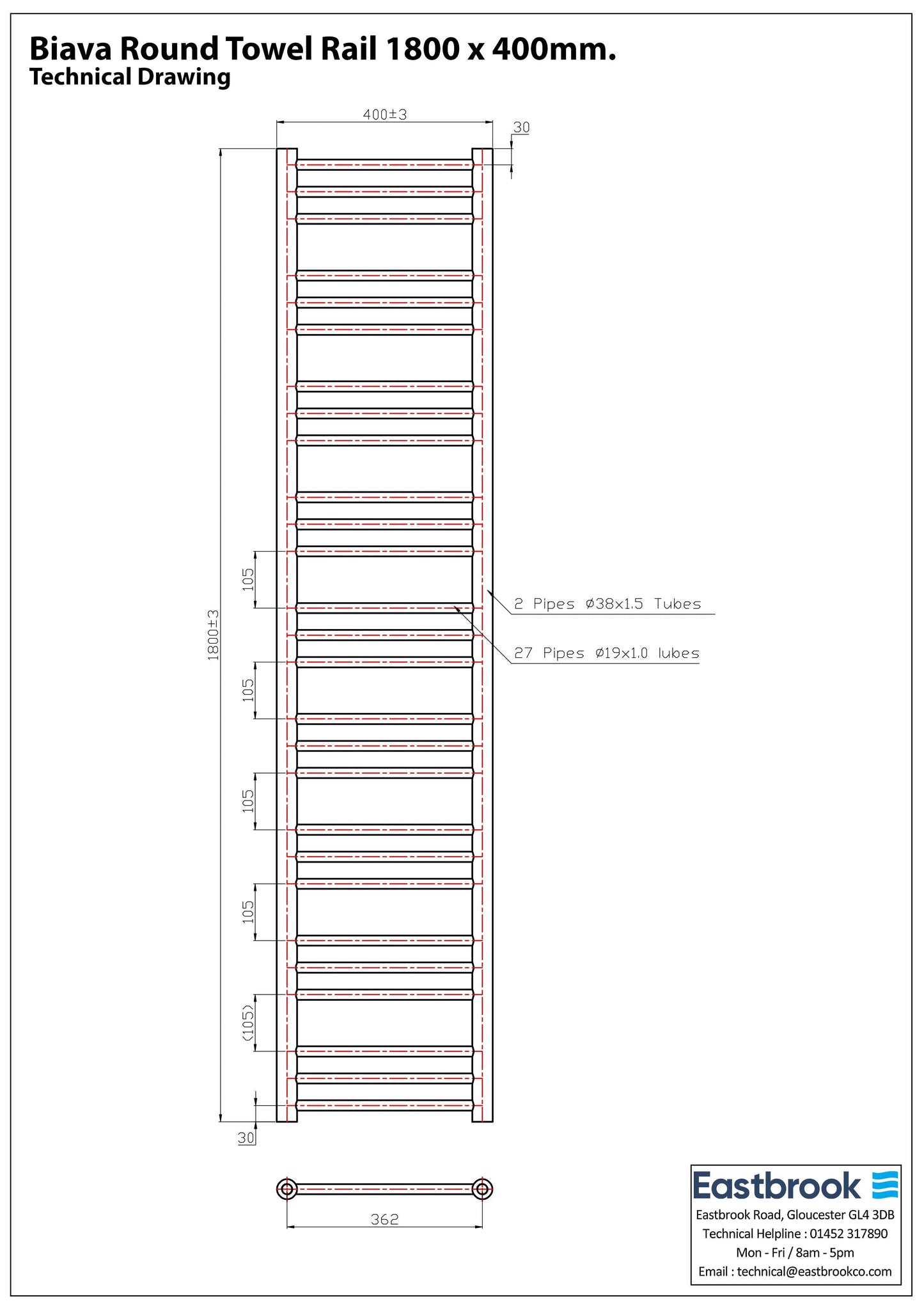 Eastbrook Biava Electric Round Straight Chrome Towel Rail 1800mm x 400mm Techncial Image 41.0147-ELE