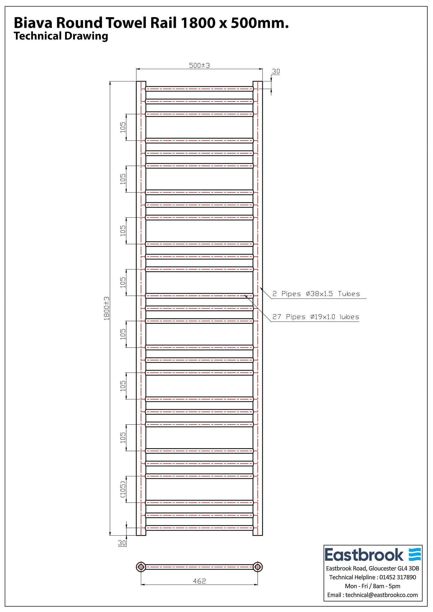 Eastbrook Biava Electric Round Straight Chrome Towel Rail 1800mm x 500mm Techncial Image 41.0150-ELE