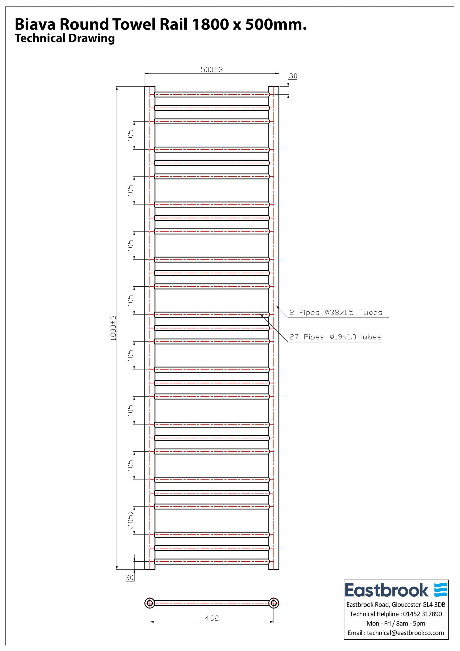 Eastbrook Biava Electric Round Straight Chrome Towel Rail 1800mm x 500mm Techncial Image 41.0150-ELE