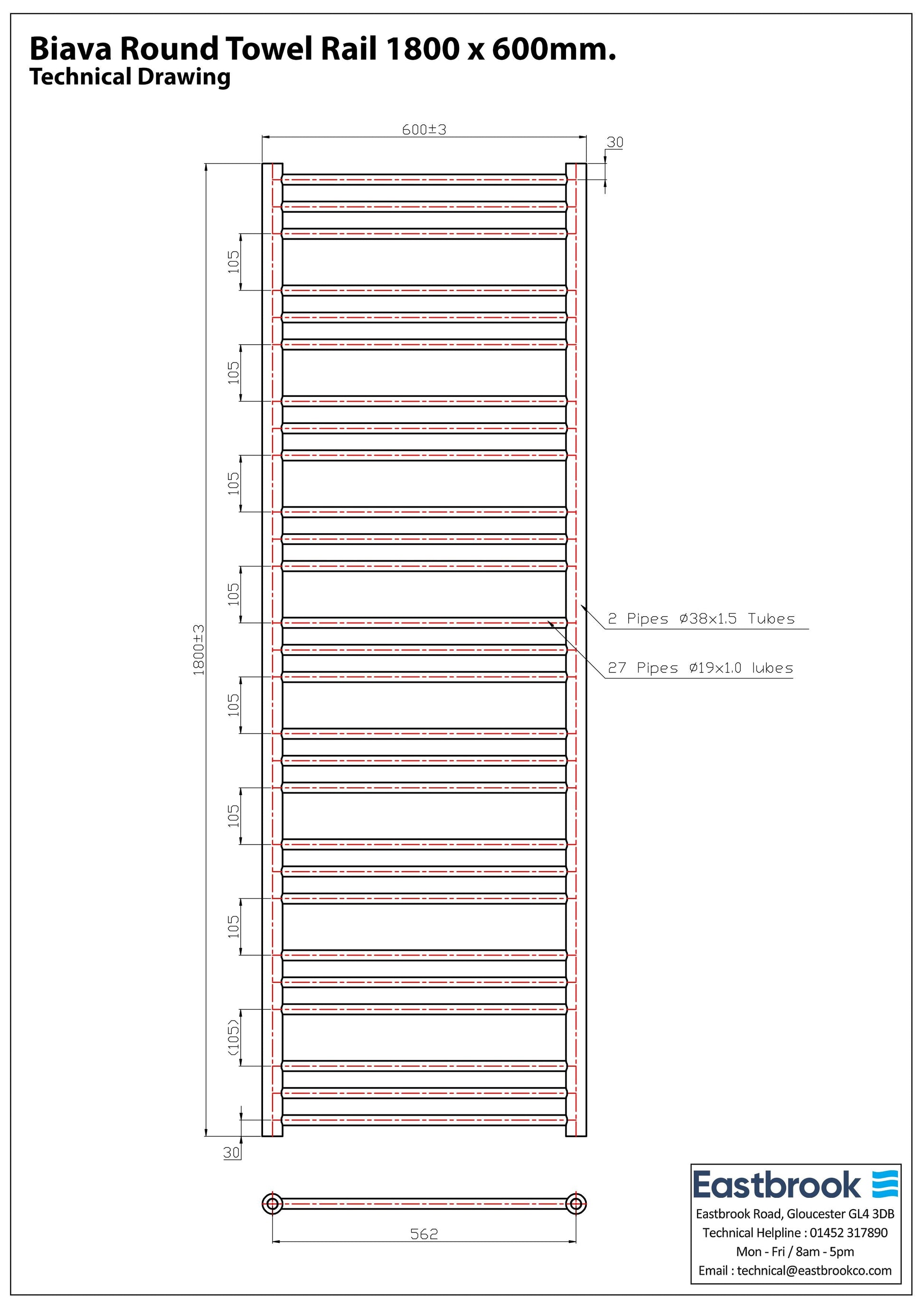 Eastbrook Biava Electric Round Straight Chrome Towel Rail 1800mm x 600mm Techncial Image 41.0153-ELE