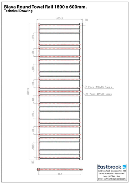 Eastbrook Biava Electric Round Straight Chrome Towel Rail 1800mm x 600mm Techncial Image 41.0153-ELE