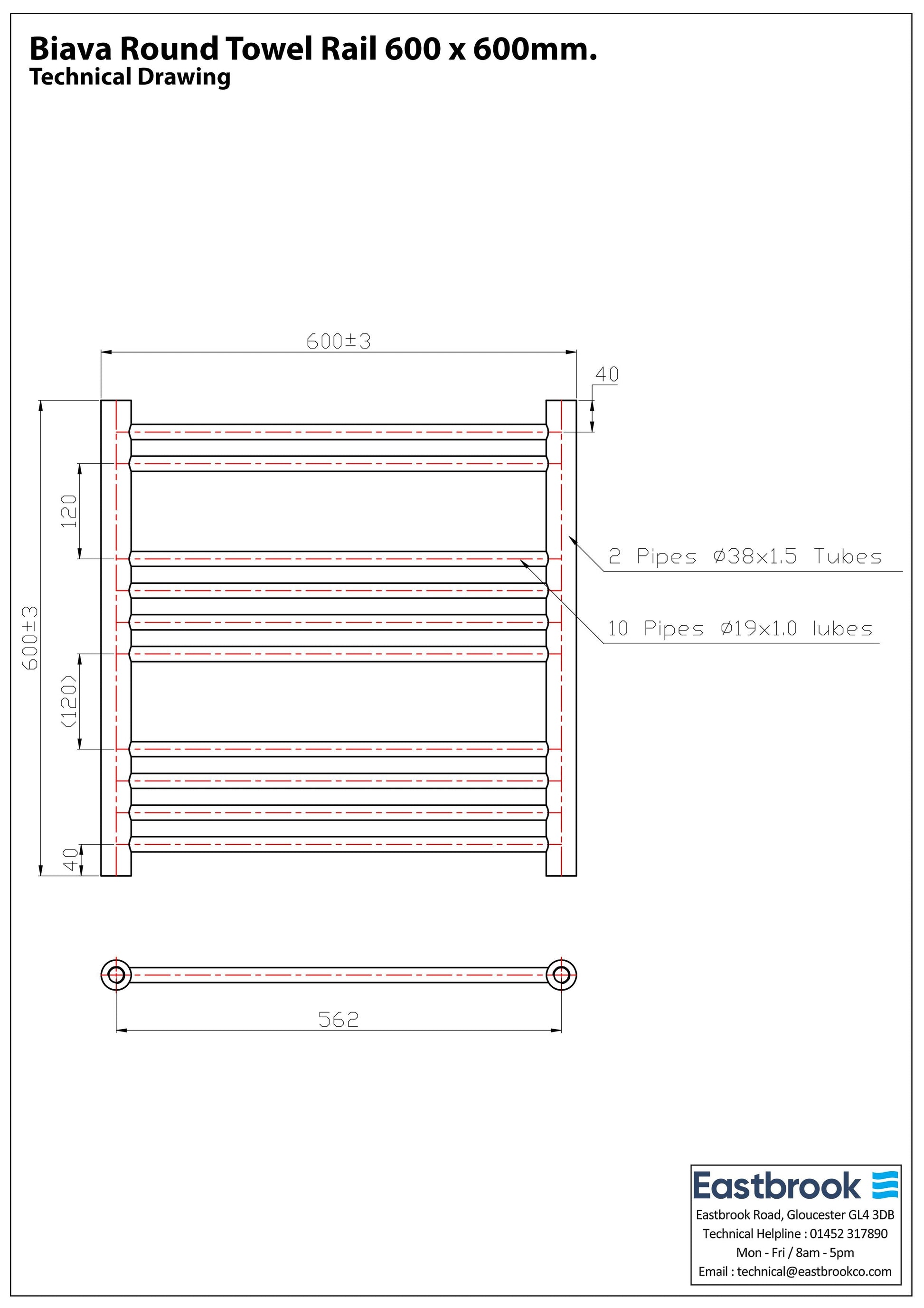 Eastbrook Biava Electric Round Straight Chrome Towel Rail 600mm x 600mm Techncial Image 41.0151-ELE