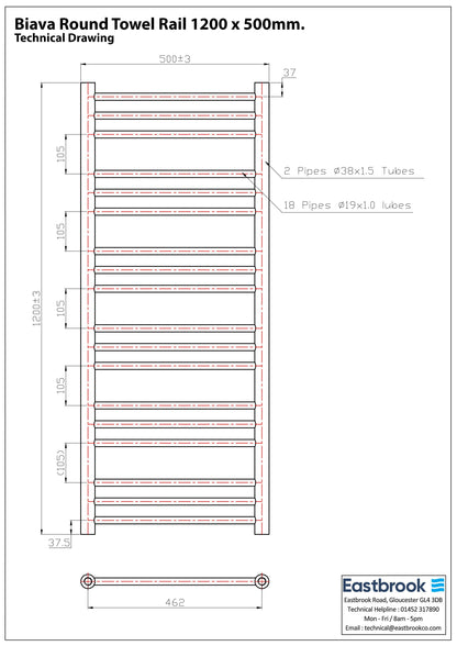 Eastbrook Biava Electric Round Straight Gloss White Towel Rail 1200mm x 500mm Techncial Image 41.0158-ELE