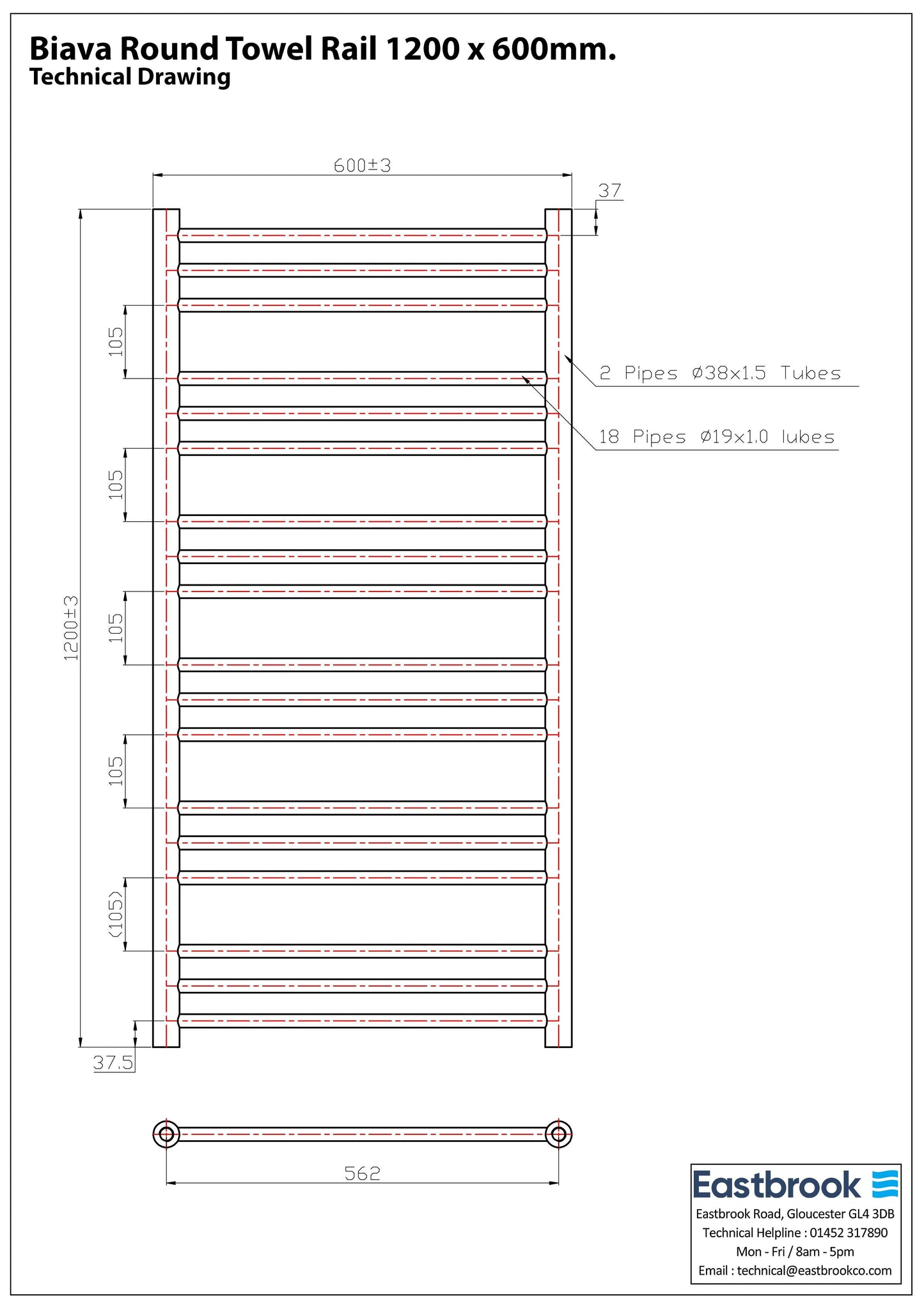 Eastbrook Biava Electric Round Straight Gloss White Towel Rail 1200mm x 600mm Techncial Image 41.0161-ELE