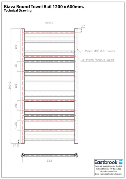 Eastbrook Biava Electric Round Straight Gloss White Towel Rail 1200mm x 600mm Techncial Image 41.0161-ELE