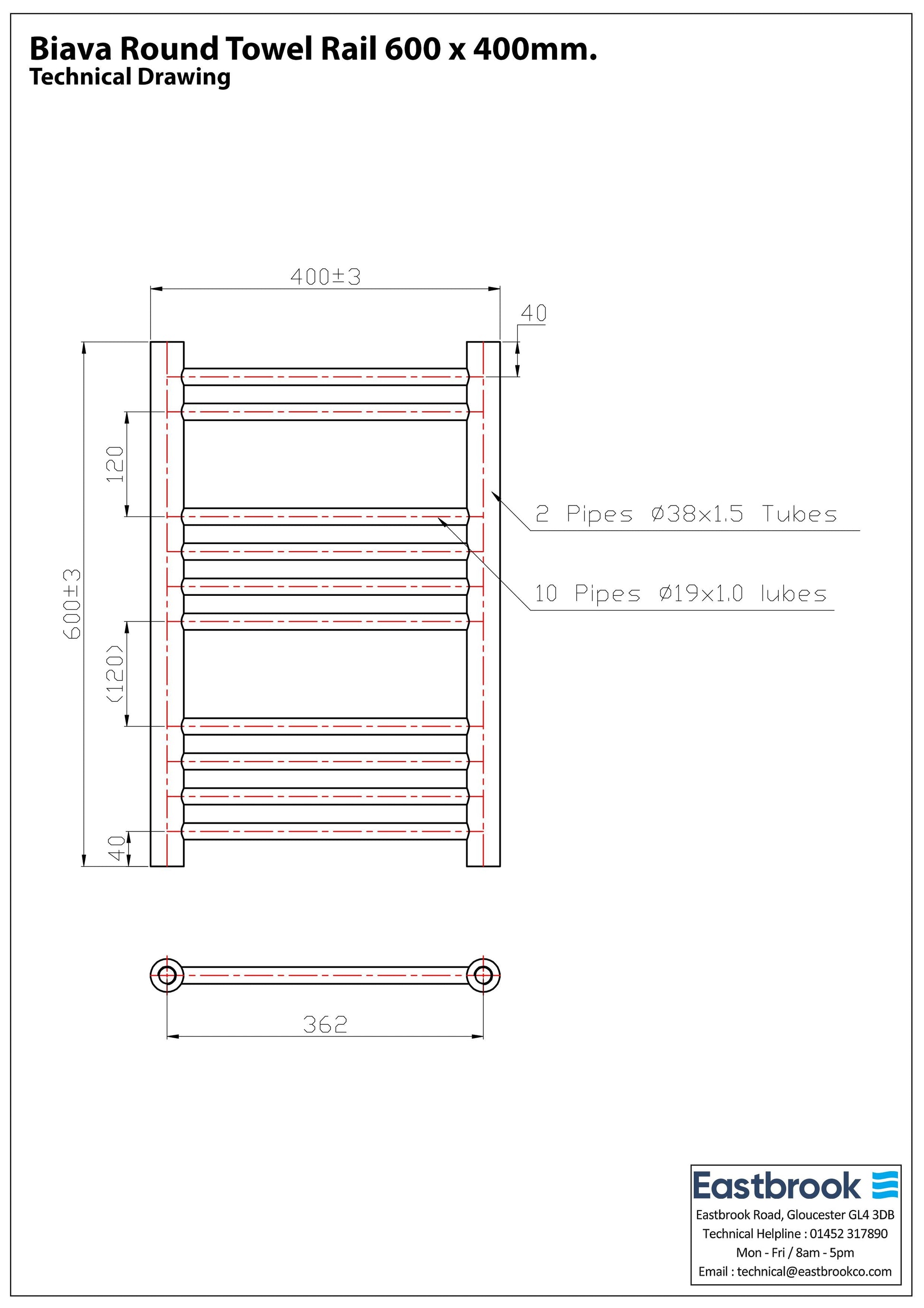 Eastbrook Biava Electric Round Straight Gloss White Towel Rail 600mm x 400mm Techncial Image 41.0154-ELE