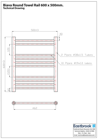 Eastbrook Biava Electric Round Straight Gloss White Towel Rail 600mm x 500mm Techncial Image 41.0157-ELE