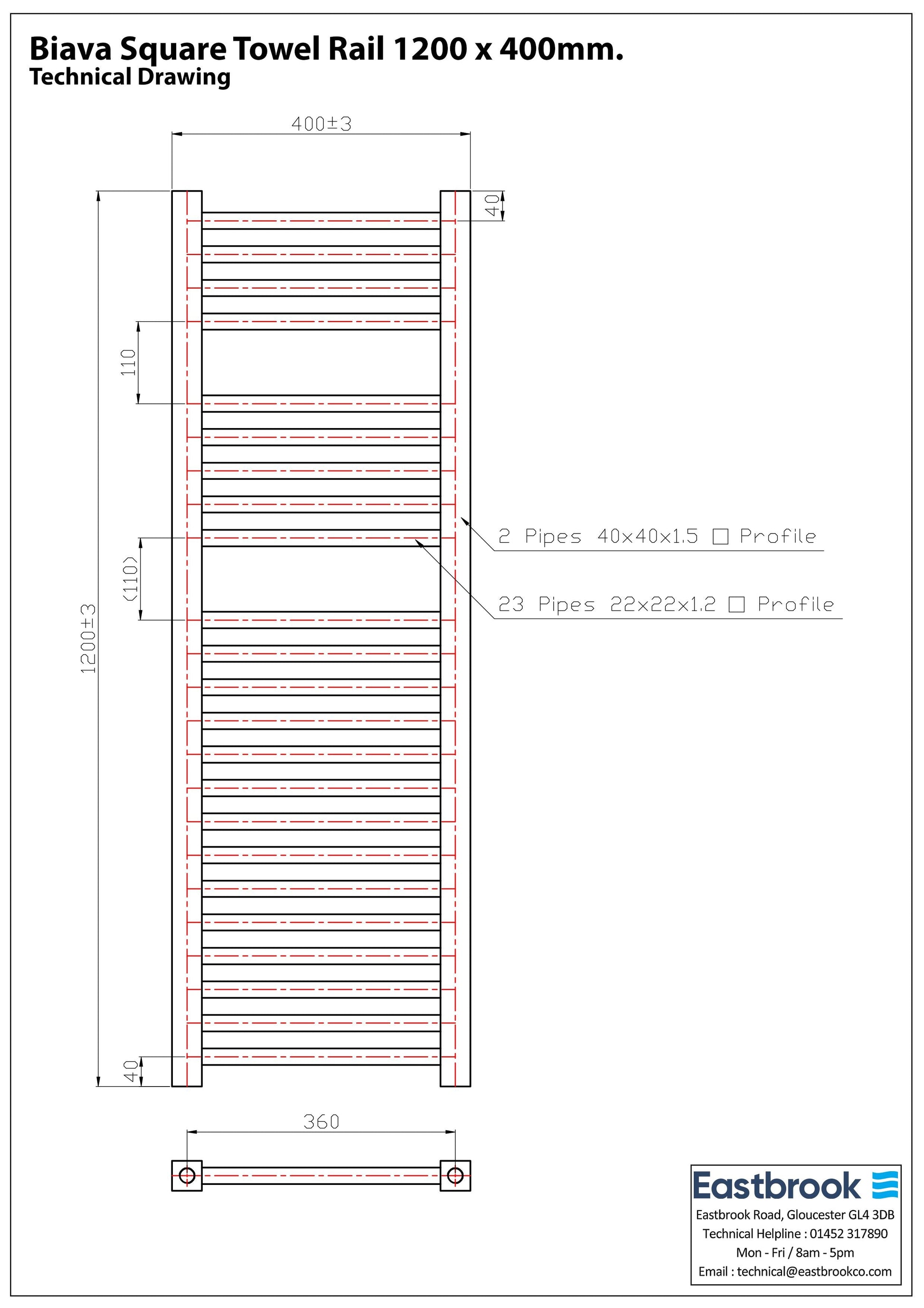 Eastbrook Biava Electric Square Chrome Towel Rail 1200mm x 400mm Technical Image 41.0110-ELE