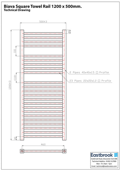 Eastbrook Biava Electric Square Chrome Towel Rail 1200mm x 500mm Technical Image 41.0113-ELE