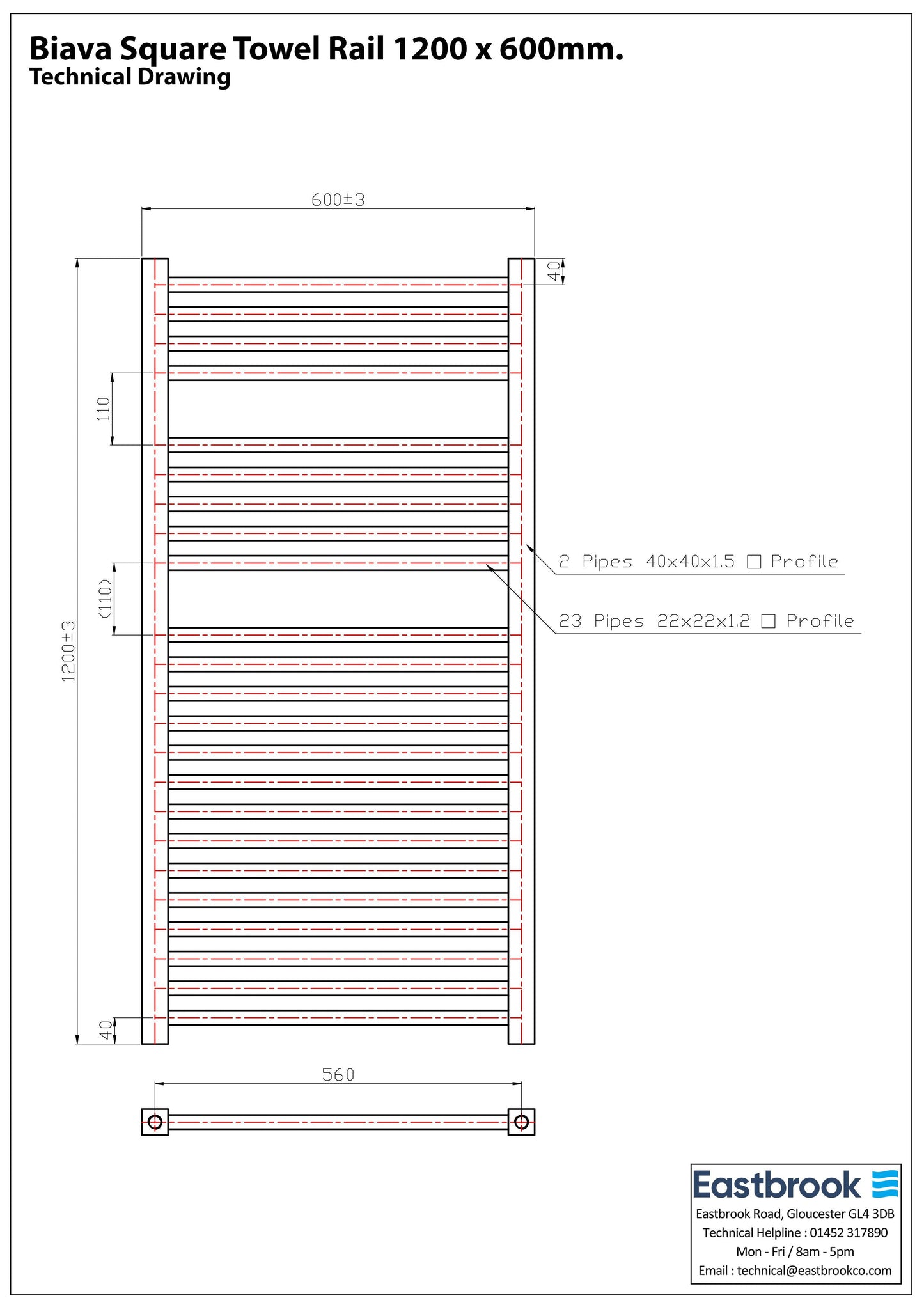 Eastbrook Biava Electric Square Chrome Towel Rail 1200mm x 600mm Technical Image 41.0116-ELE