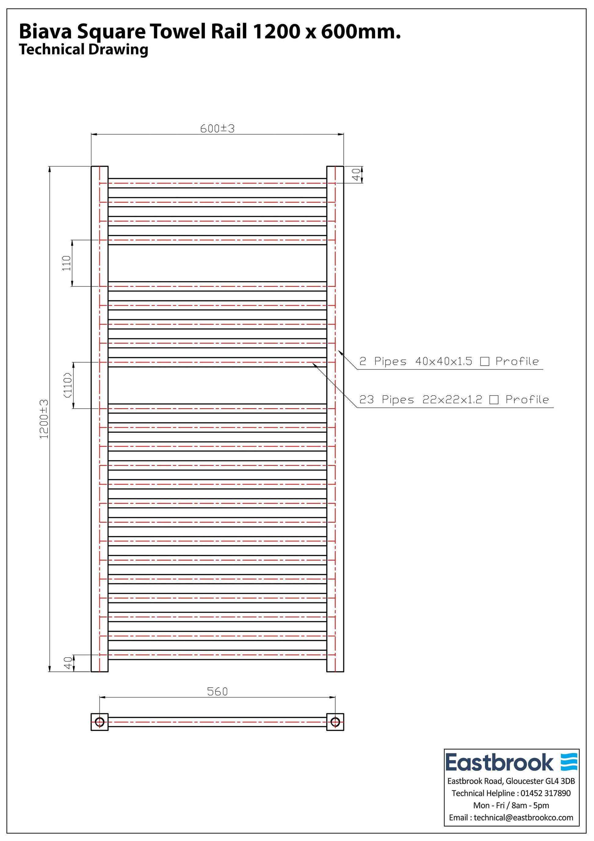 Eastbrook Biava Electric Square Chrome Towel Rail 1200mm x 600mm Technical Image 41.0116-ELE