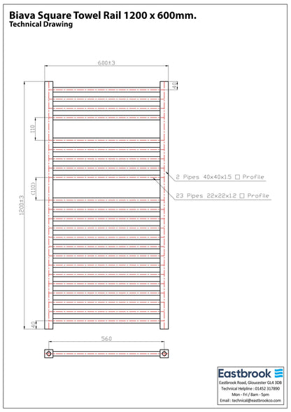 Eastbrook Biava Electric Square Chrome Towel Rail 1200mm x 600mm Technical Image 41.0116-ELE