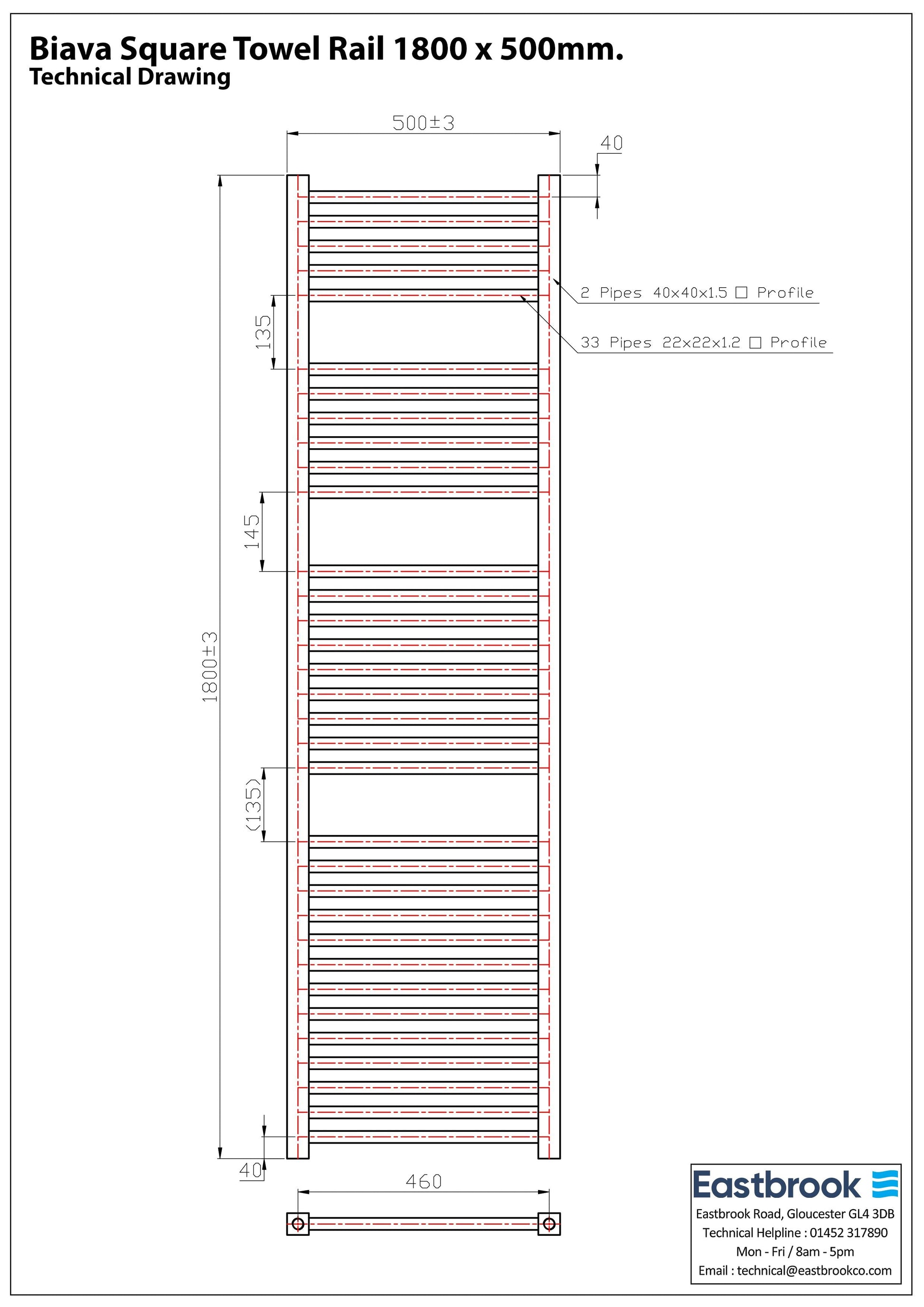 Eastbrook Biava Electric Square Chrome Towel Rail 1800mm x 500mm Technical Image 41.0114-ELE