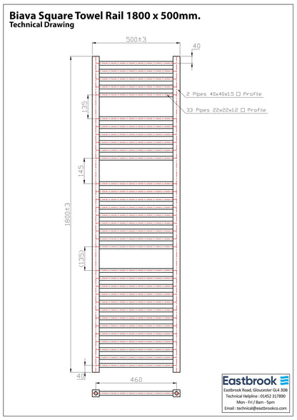 Eastbrook Biava Electric Square Chrome Towel Rail 1800mm x 500mm Technical Image 41.0114-ELE