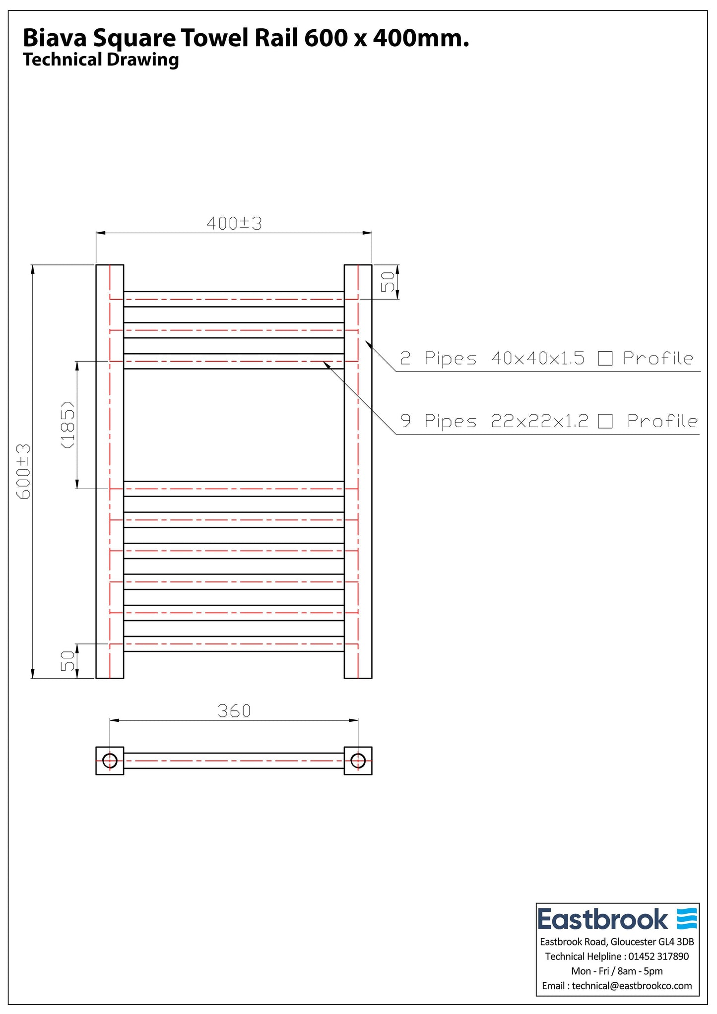 Eastbrook Biava Electric Square Chrome Towel Rail 600mm x 400mm Technical Image 41.0109-ELE