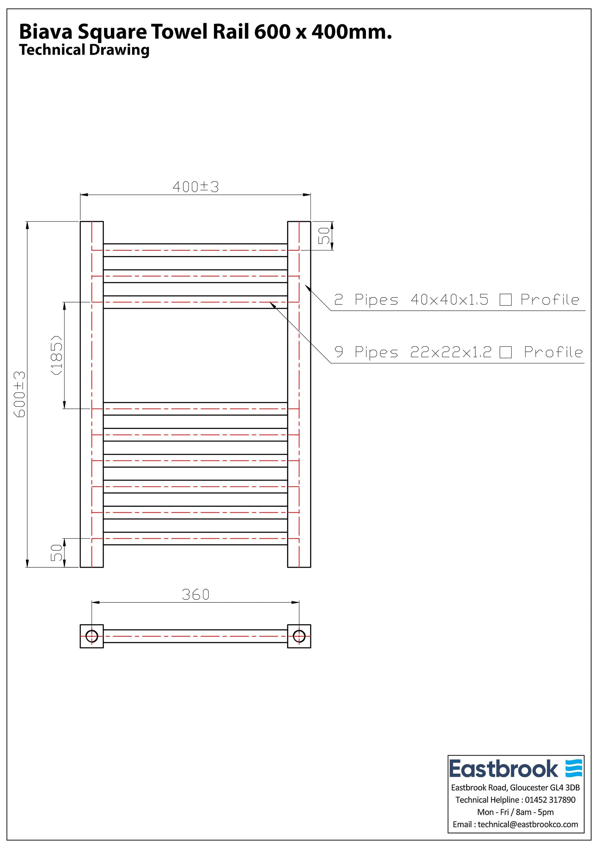 Eastbrook Biava Electric Square Chrome Towel Rail 600mm x 400mm Technical Image 41.0109-ELE
