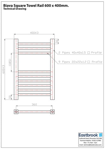 Eastbrook Biava Electric Square Chrome Towel Rail 600mm x 400mm Technical Image 41.0109-ELE