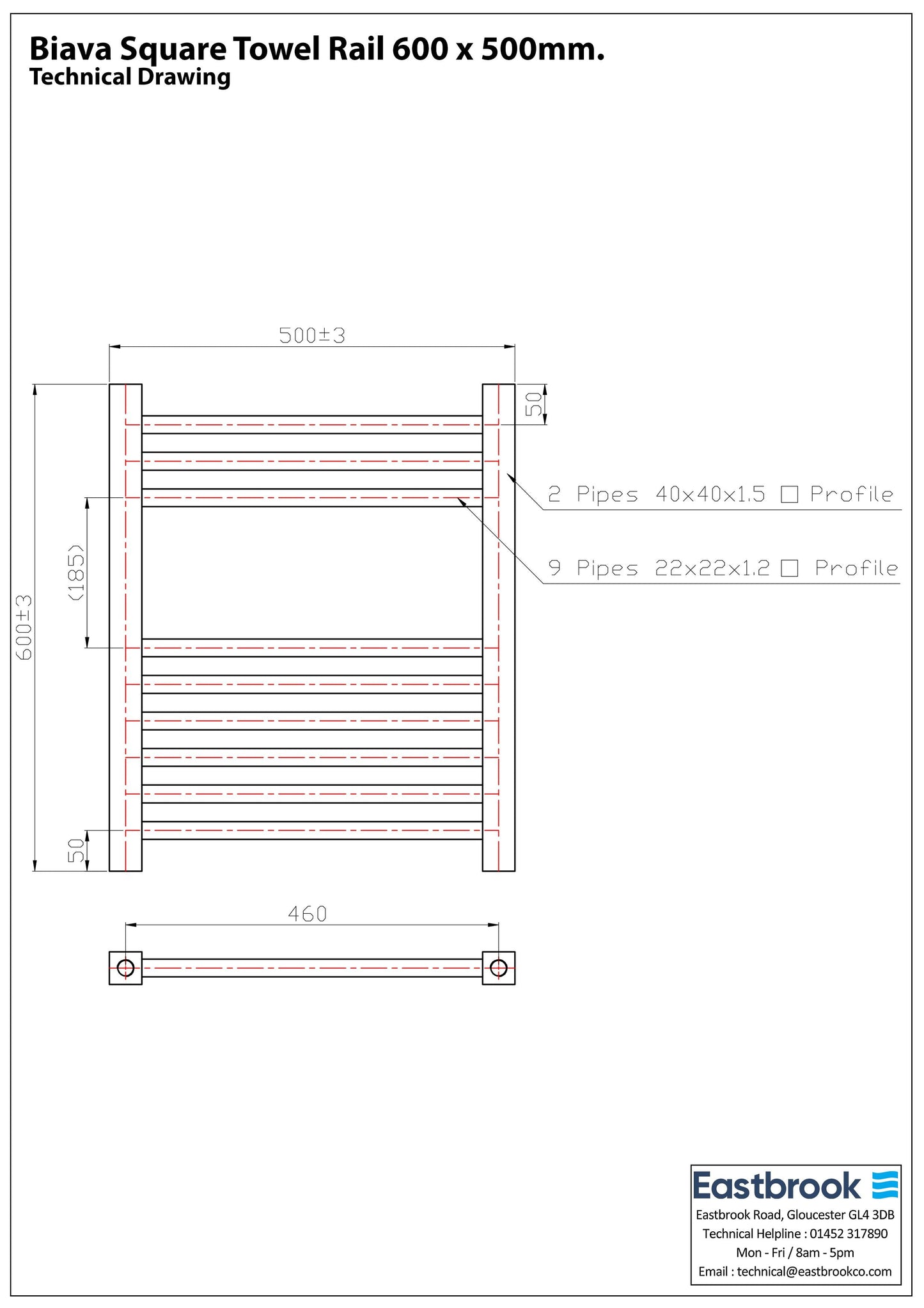 Eastbrook Biava Electric Square Chrome Towel Rail 600mm x 500mm Technical Image 41.0112-ELE